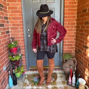 NWT Mystree Fuzzy Burgundy Trucker Snap Up Collared Long Sleeve Jacket S M L